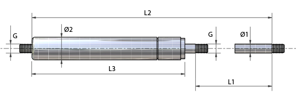 Esquema técnico - Muelles de gas de grado alimentario (FDA) en acero inoxidable de grado 316