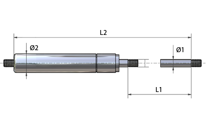 Esquema técnico - Resortes de gas de acero inoxidable (AISI 304) con rosca